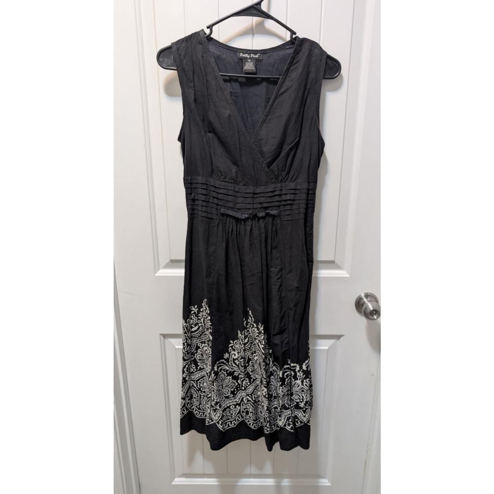 Pretty Pink Black White Floral Print Empire Casual Summer Work Dress Size S